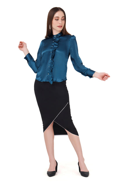 Blue Frill Shirt and Pencil Skirt Set