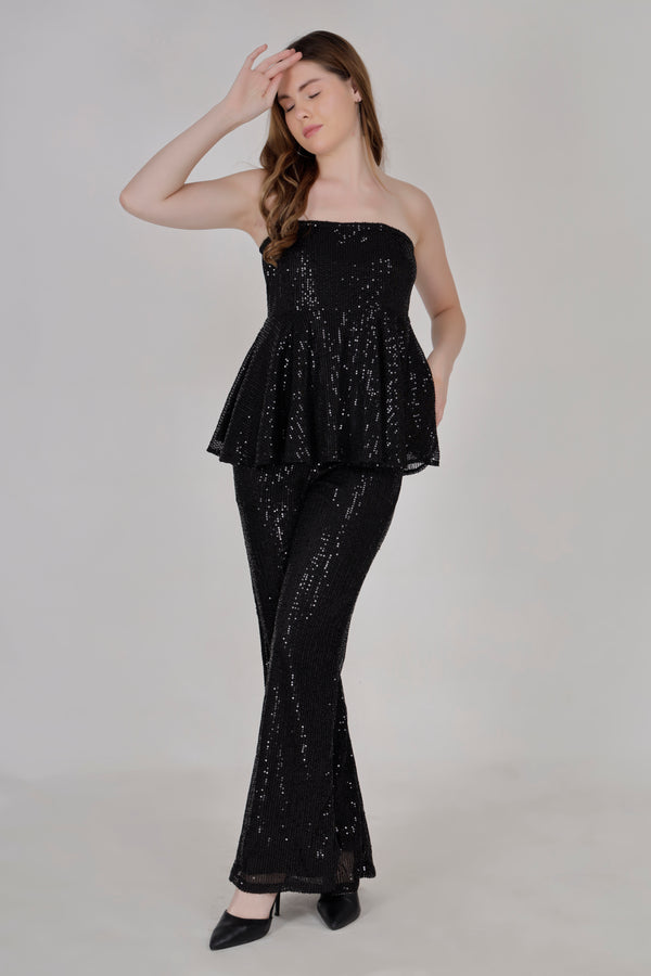 Black sequin flared top & bell bottom pants set