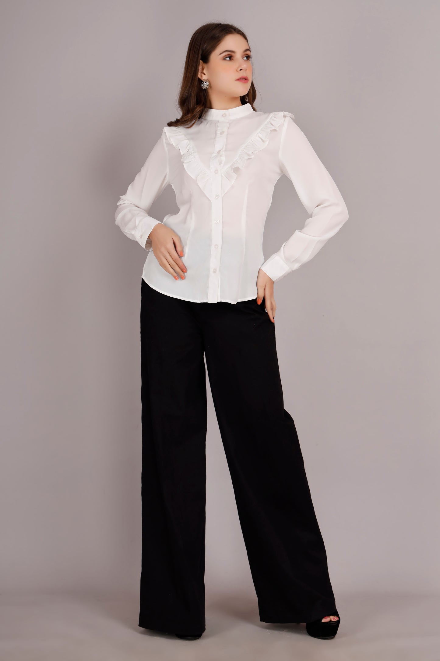 White V neck Frill Shirt