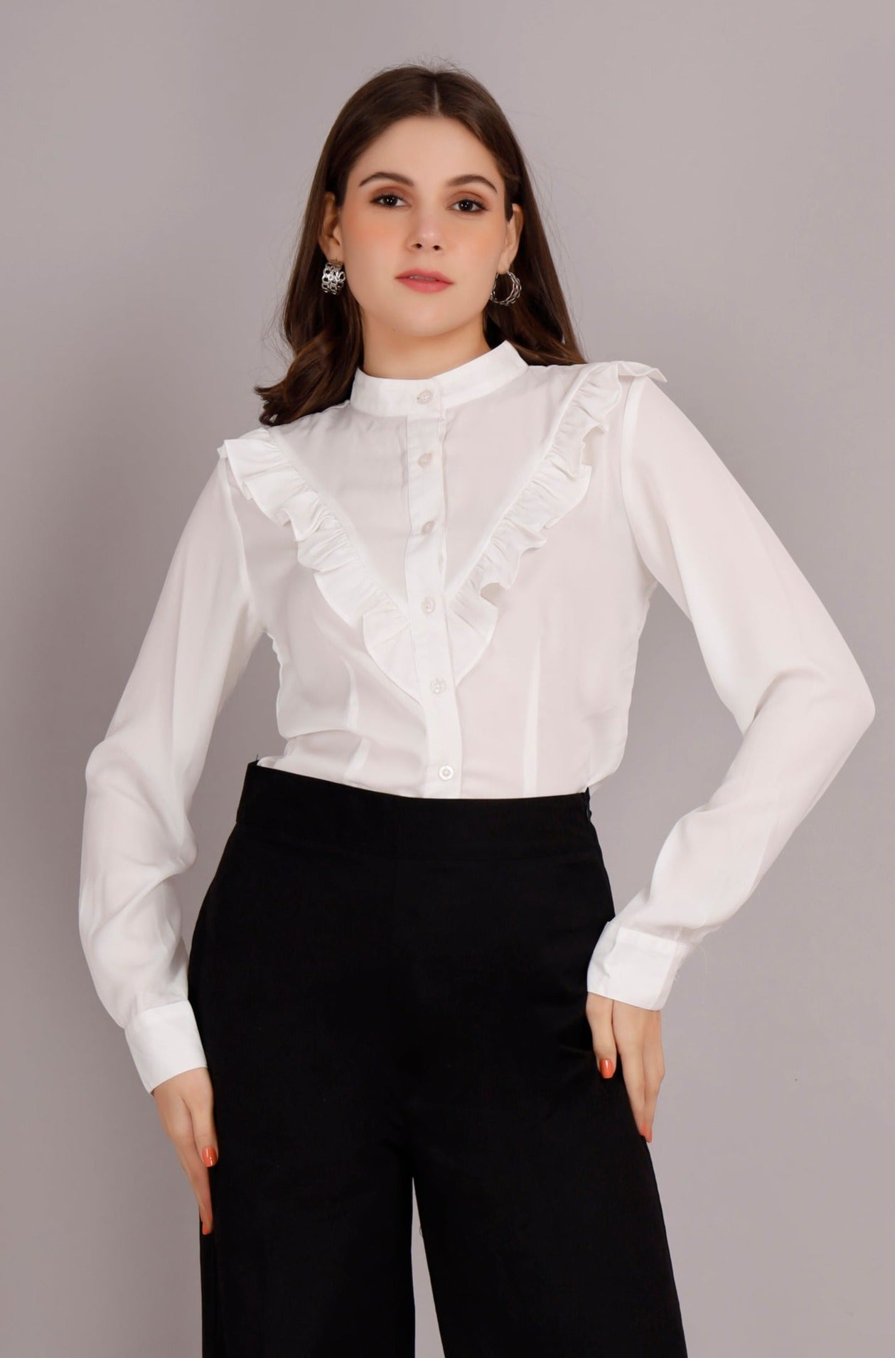 White V neck Frill Shirt