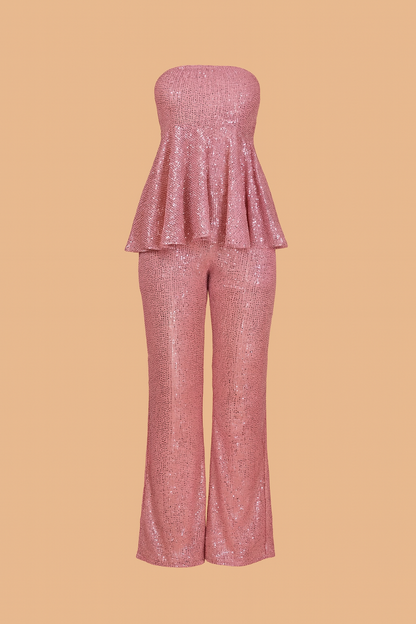 Pink sequin flared top & bell bottom pants set