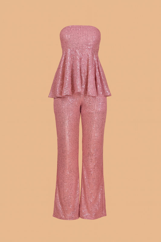 Pink sequin flared top & bell bottom pants set