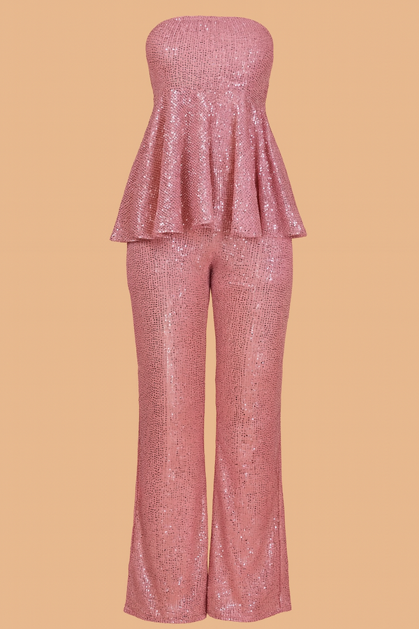 Pink sequin flared top & bell bottom pants set